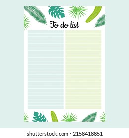 To-do list template for day, week or year with tropical leaves decoration. Vector illustration isolated on white background.