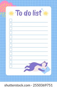 To-do list template with sleeping purple badger illustration. Cute checklist design on a blue grid background. Stationery concept for planners and organization.