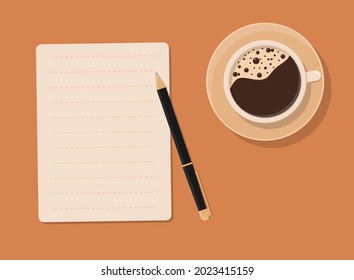 To-do list template, wishlist, planning. Blank sheet, ballpoint pen and coffee cup vector background