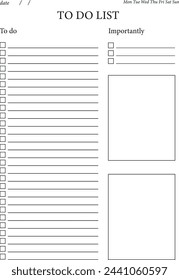 to-do list, vector, with date, days of the week, places to write and highlight important to-dos, lines to mark