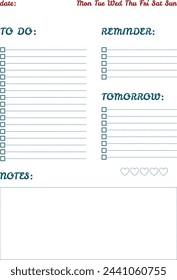 To-do list, vector, with date, days of the week, places to write and highlight important things to do, lines to mark done, blue with red colors