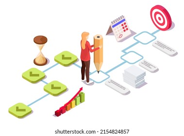 To-do List Vector. Work Checklist, Time Management, Priority Infographic. Female Character Working On Business Schedule Plan Isometric 3d Design