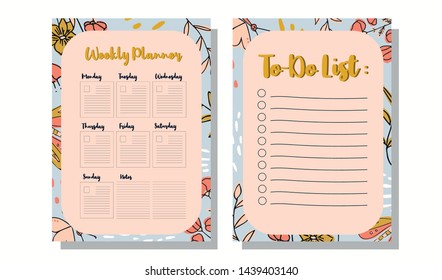 To-Do List and Weekly Planner design set with flowers, leaves and butterflies. Bullet Journal kids design.