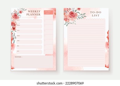 Lista de tareas pendientes y planificador semanal con fondo de flores rojas rosadas 