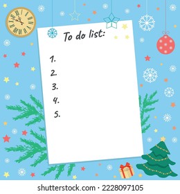 To-do list, white sheet of paper decorated with New Year's attributes on a blue background, flat vector