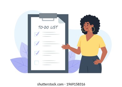 To-do list, young woman puts check marks in front of completed tasks