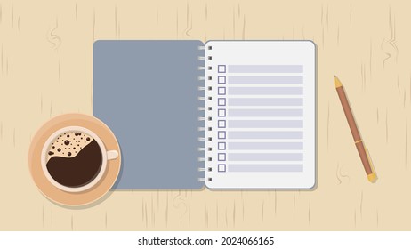 To-do notepad, coffee mug and pen. Filling out the wish list, planning. Vector illustration.