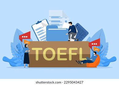 TOEFL word concept. Exam of English as a foreign language. Flat style vector illustration concept with tiny people character