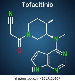 Molécula de medicamento de tofacitinibe. É utilizado no tratamento da artrite reumática AR, artrite psoriática AP. Fórmula química estrutural, fundo azul escuro. Ilustração vetorial