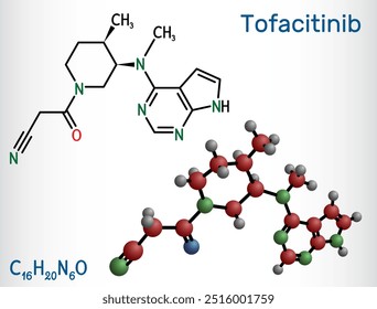 Molécula de medicamento de tofacitinibe. É utilizado no tratamento da artrite reumática AR, artrite psoriática AP. Fórmula química estrutural, modelo molecular. Ilustração vetorial