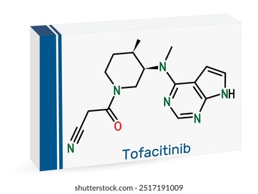 Molécula de medicamento de tofacitinibe. É utilizado no tratamento da artrite reumática AR, artrite psoriática AP. Fórmula química esquelética. Embalagem de papel para drogas. Ilustração vetorial