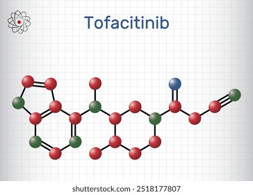 Molécula de medicamento de tofacitinibe. É utilizado no tratamento da artrite reumática AR, artrite psoriática AP. Folha de papel em uma gaiola. Ilustração vetorial