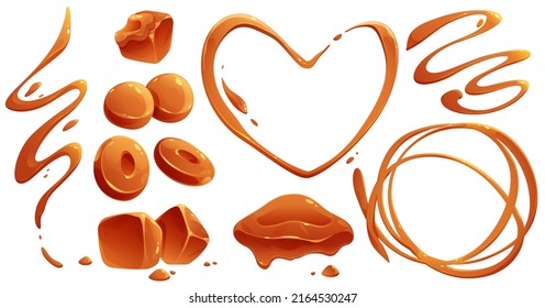 Toffee candies and liquid caramel splashes and flows. Vector cartoon set of sweet brown cream, fudge cubes, sugar or maple syrup drips and stains in shape of swirls, heart and waves