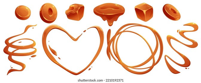 Toffee candies and liquid caramel splashes and flows. Vector cartoon set of sweet brown cream, fudge cubes, sugar or maple syrup drips and stains in shape of swirls, heart and waves svg