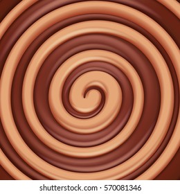 Toffee Caramel And Chocolate Round Swirl Background. Sweet Spiral Candy.