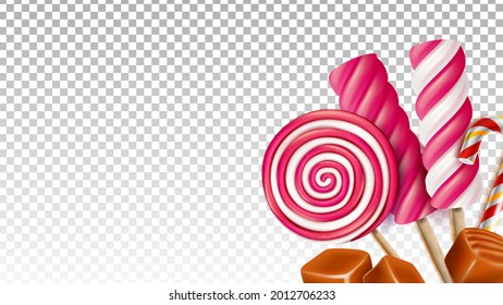 Toffee Caramel And Lollipop Sweet Candies Vector. Delicious Sugary Candies Dessert, Sweetness Nutrition Lollypop On Stick. Yummy Sweet Licking Food Template Realistic 3d Illustration