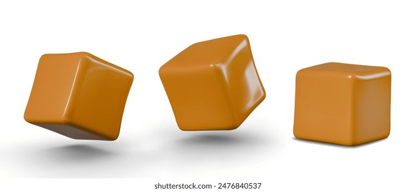 Toffee cube in different positions. Butterscotch sweet candy made from boiled condensed milk