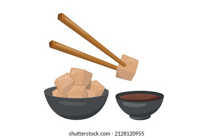 Tofu in bowl with chopsticks and soya sauce. Vegan bio soy cheese. Vector stock illustration isolated on white background. EPS10