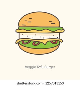Tofu burger icon, symbol, label. Line art, isolated on the light background.