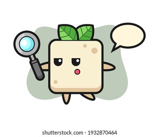 Tofu cartoon character searching with a magnifying glass