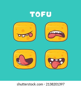 tofu cartoon. natural food vector illustration. with different mouth expressions. cute cartoon