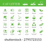 Tofu cat litter and user instruction icon set. These outline icons can visually communicate the key features, types of packaging of tofu cat litter for pet. Contrasting editable elements are good for different backgrounds. Scalable without lose quality. EPS10.