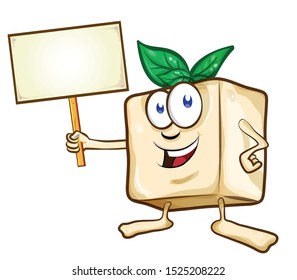 tofu character cartoon with basil with signboard