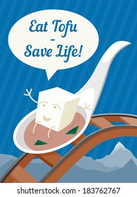 Tofu character riding a spoon with miso soup vector illustration