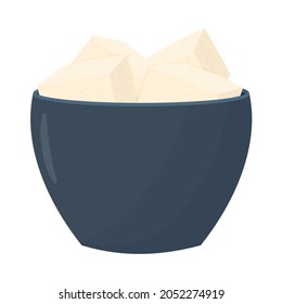 Tofu cheese in a blue plate. Soy cheese in a bowl isolated on a white background.
