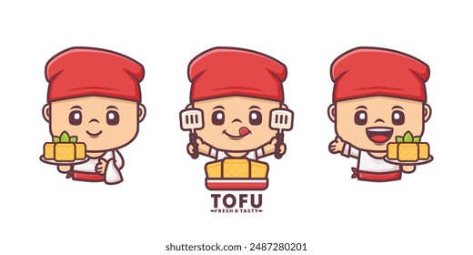Tofu chef cartoon mascot with different poses and expressions. suitable for culinary businesses. brand logo, sticker, cartoon identity, sticker, icon, etc.