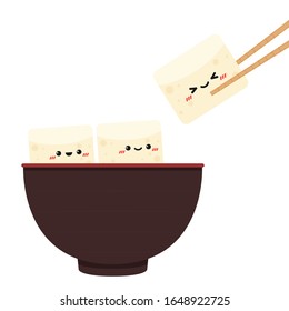 Tofu and chopsticks vector. free space for text.Tofu in bowl. Tofu character design.