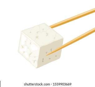 Tofu cube and chopsticks isolated on white background. Vector illustration of piece of bean curd in cartoon simple flat style. Vegetarian or vegan food.
