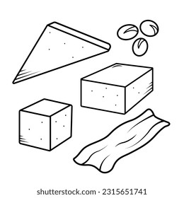 Tofu with cube, triangle, tofu skin, and soy beans black and white icon vector set illustration isolated on square white background. Simple flat minimalist outlined cartoon art style food drawing.