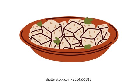 Tofu cubes served in bowl. Plant-based vegetarian dish, vegan food. Healthy protein meal, garnish. Asian cuisine, natural organic eating. Flat vector illustration isolated on white background