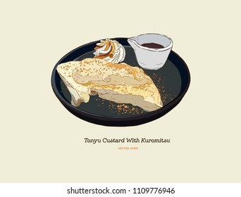 Tofu Custard or soy milk Créme Brûlée with brown sugar. Han d draw sketch vector.