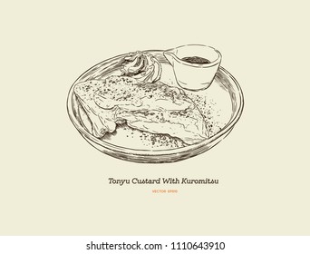Tofu Custard or soy milk Créme Brûlée with brown sugar. Han d draw sketch vector.