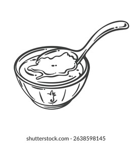 Tofu fa in a traditional bowl with syrup, served with a spoon. Silky smooth texture rendered in hand-drawn engraving style. Outline vector illustration for Asian dessert menu, cafe decor, or packaging