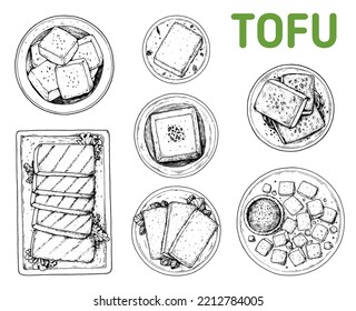 Tofu hand drawn vector illustration. Tofu sketch. Asian food. Soybean sketch. Tofu cooking. Vegan food. Vintage design template. Product design. Great for packaging, recipe book, menu.