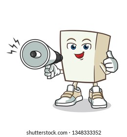 tofu happy hold handy loudspeaker mascot vector cartoon illustration