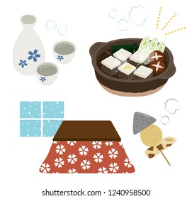 tofu hot pot and Kotatsu set
“tofu” is japanease traditional ,food soybean curd.
“sake” is japanease traditional alcohol drink.
“kotatsu” is japanease traditional Heating equipment.