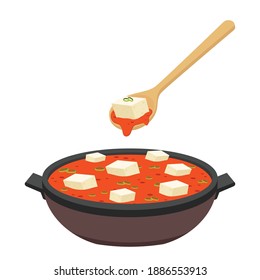 Tofu Kimchi Soup vector. Tofu Kimchi Soup on white background. Tofu Kimchi Soup is Korea food.