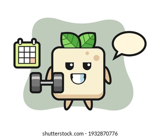 Tofu mascot cartoon doing fitness with dumbbell