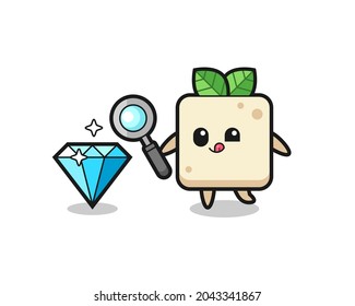 tofu mascot is checking the authenticity of a diamond , cute style design for t shirt, sticker, logo element