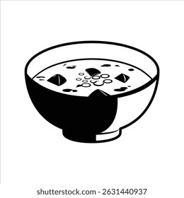 Tofu Miso Silhouette Icon, Black and white icon of tofu miso soup with simple bowl and tofu pieces.