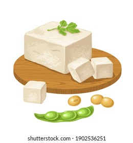 Tofu a bordo de madera y vaina de soja abierta. Icono plano de color vectorial para menú, afiche, etiqueta. Aislado sobre fondo blanco. Ilustración de color vectorial para menú, afiche, etiqueta. Aislado sobre fondo blanco