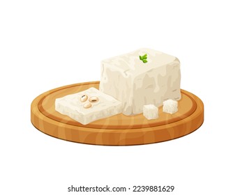 Tofu on wood board, soybean, olive. Composition of sliced feta in cartoon style. Vegetarian healthy food. Greek traditional cheese. Vector illustration isolated on white background.