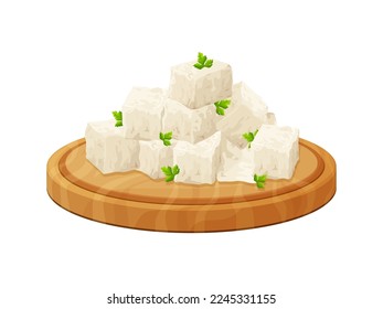Tofu on wood board, soybean, olive. Composition of sliced feta in cartoon style. Vegetarian healthy food. Greek traditional cheese. Vector illustration isolated on white background.