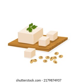 Tofu en una tabla de madera, y semillas de soja, vector para menús, carteles o etiquetas de empaque. Aislado sobre un fondo blanco.