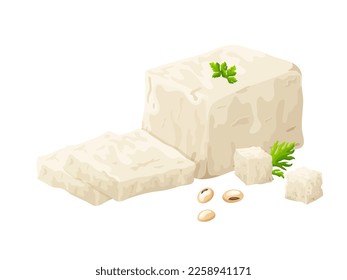 Tofu pieces soy bean. Curd nutrition , healthy food. Vegan organic soy cheese. Vector illustration isolated on white background