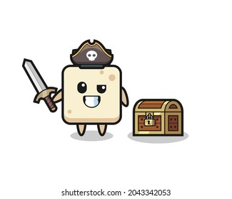 the tofu pirate character holding sword beside a treasure box , cute style design for t shirt, sticker, logo element